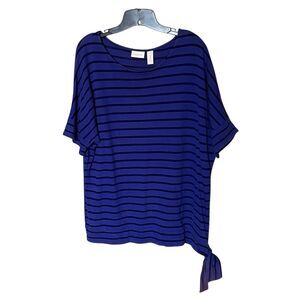 Chico's Black/Blue Striped Short Sleeve Pullover Shirt with Tie Hip Size 3 or XL